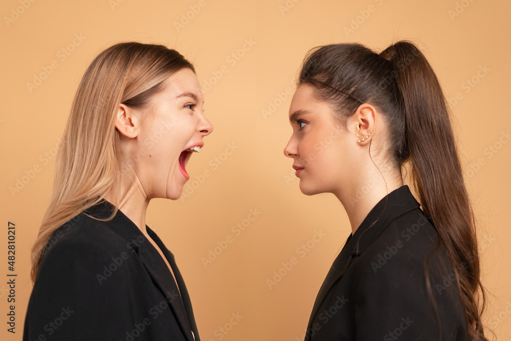 Boss yelling at employee. Colleague screaming on worker. Bulling on work. One woman shouting another woman standing isolated color background