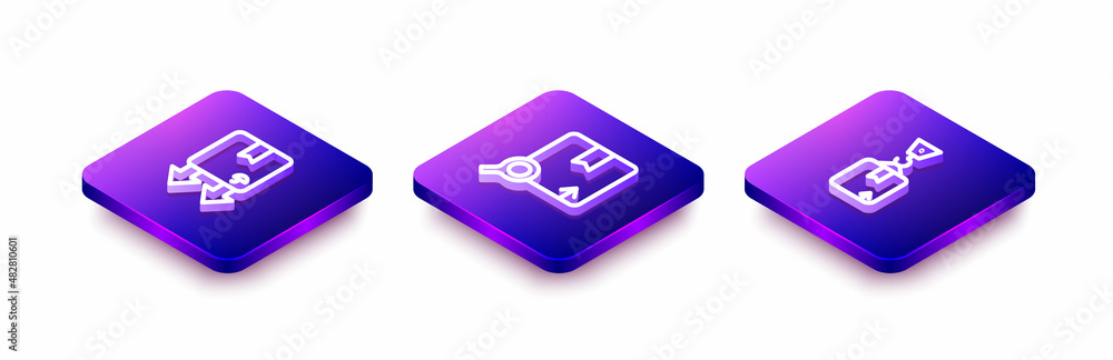 Set Isometric line Cardboard box with traffic symbol, Search package and Crane cardboard icon. Vector Set Isometric line Cardboard box with traffic symbol, Search package and Crane cardboard icon. Vector