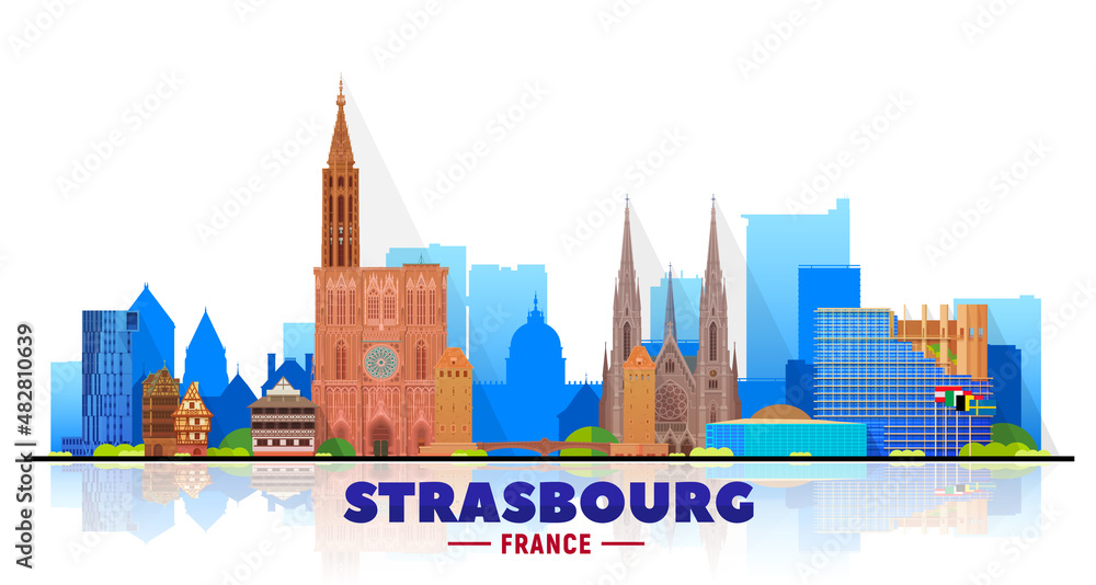 Strasbourg (France) city skyline vector at white background. Flat vector illustration. Business travel and tourism concept with modern buildings. Image for banner or website.