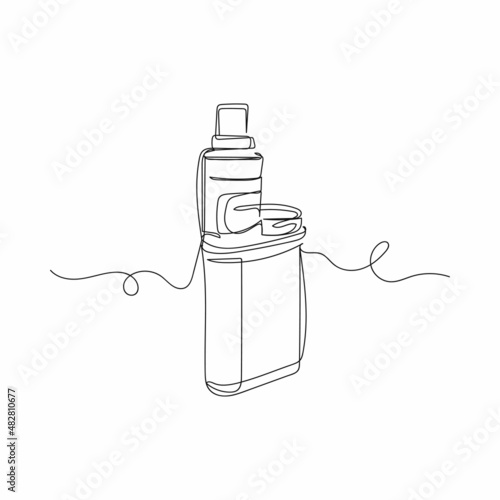 Continuous one simple single abstract line drawing of electronic cigarette icon in silhouette on a white background. Linear stylized.