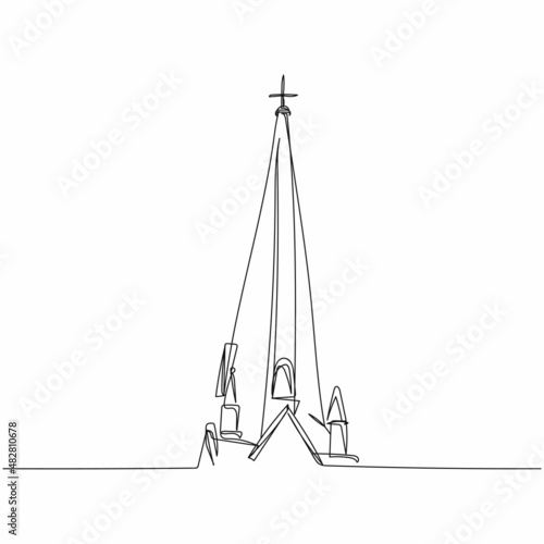 Fototapeta Continuous one simple single abstract line drawing of church spire in silhouette on a white background