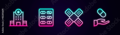 Set line Hospital building, Pills blister pack, Crossed bandage plaster and Medical prescription. Glowing neon icon. Vector