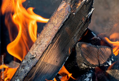 Close up photo of burned firewood with colorful flame behind it.