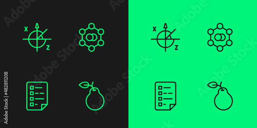 Set line Pear, Clipboard with checklist, Trigonometric circle and Molecule icon. Vector