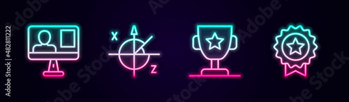 Set line Online class, Trigonometric circle, Award cup and Medal with star. Glowing neon icon. Vector