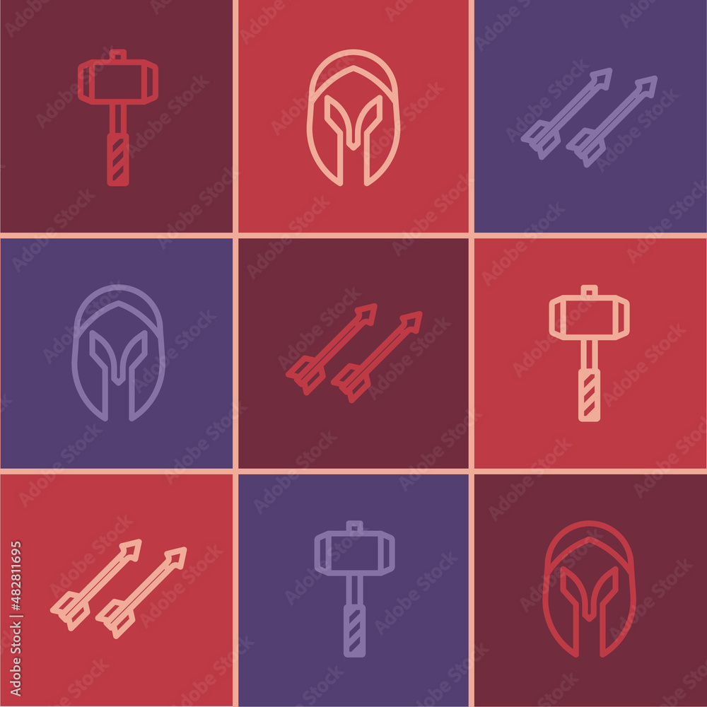 Set line Battle hammer, Medieval arrows and helmet icon. Vector Set line Battle hammer, Medieval arrows and helmet icon. Vector