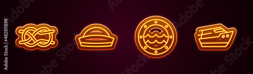 Set line Nautical rope knots, Sailor hat, Ship porthole and Speedboat. Glowing neon icon. Vector