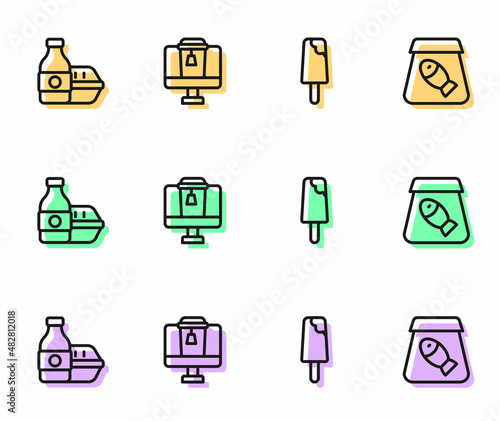 Set line Ice cream, Online ordering food, and fish icon. Vector