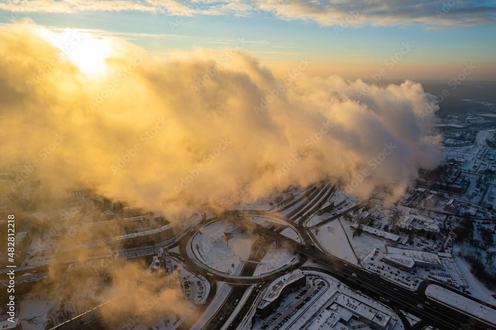 Obraz premium Aerial winter sunny morning sunrise view Vilnius, Lithuania