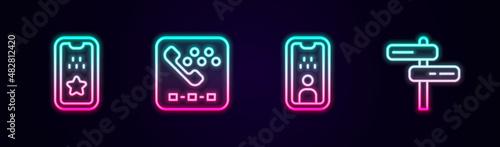 Set line Taxi mobile app, call telephone service, driver license and Road traffic sign. Glowing neon icon. Vector