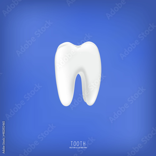 White healthy tooth on a blue background. Hygiene and health care concept. Teeth protection, tooth care, dental medical care concept. 3D vector illustration