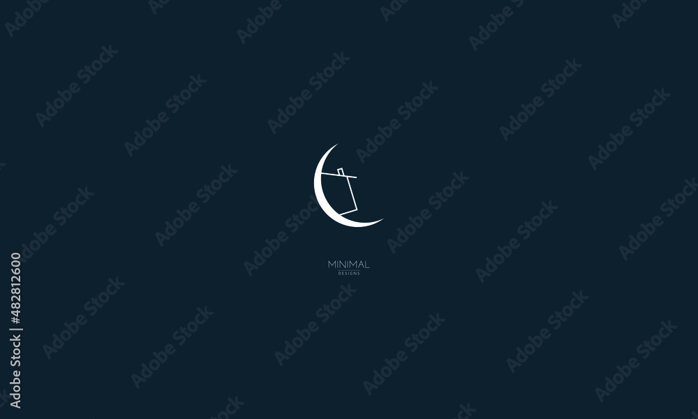 A line art icon logo of a house with a moon. A line art icon logo of a house with a moon.
