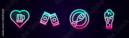 Set line Heart with glass of beer, Beer can, Dried fish and Glass. Glowing neon icon. Vector