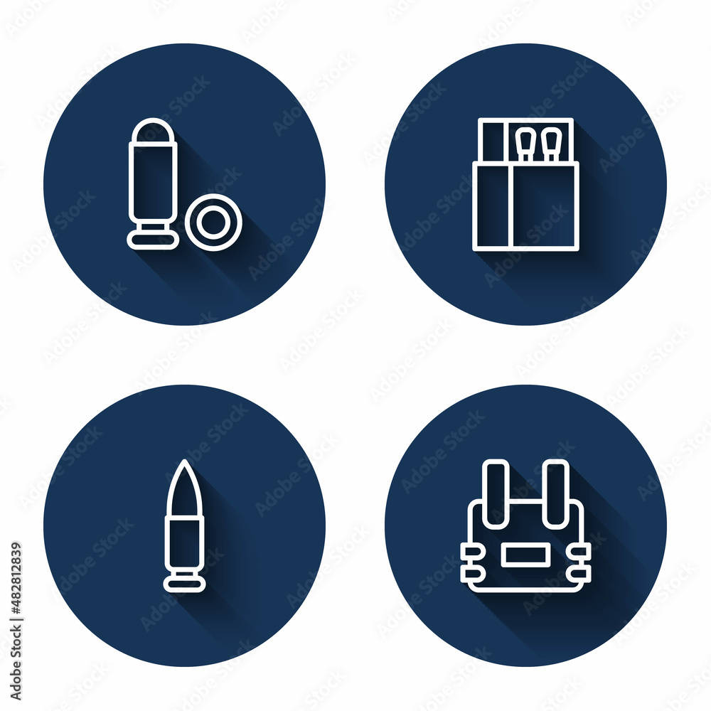 Set line Bullet, Open matchbox and matches, and Bulletproof vest with long shadow. Blue circle button. Vector Set line Bullet, Open matchbox and matches, and Bulletproof vest with long shadow. Blue circle button. Vector