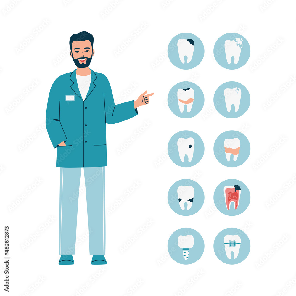 Young man doctor dentist with icons of dental problems with teeth. Caries, cracks, tartar, braces. Dentistry, oral care and treatment. Isolated flat vector illustration Young man doctor dentist with icons of dental problems with teeth. Caries, cracks, tartar, braces. Dentistry, oral care and treatment. Isolated flat vector illustration
