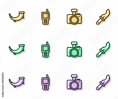 Set line Photo camera, Hunting horn, Walkie talkie and Hunter knife icon. Vector