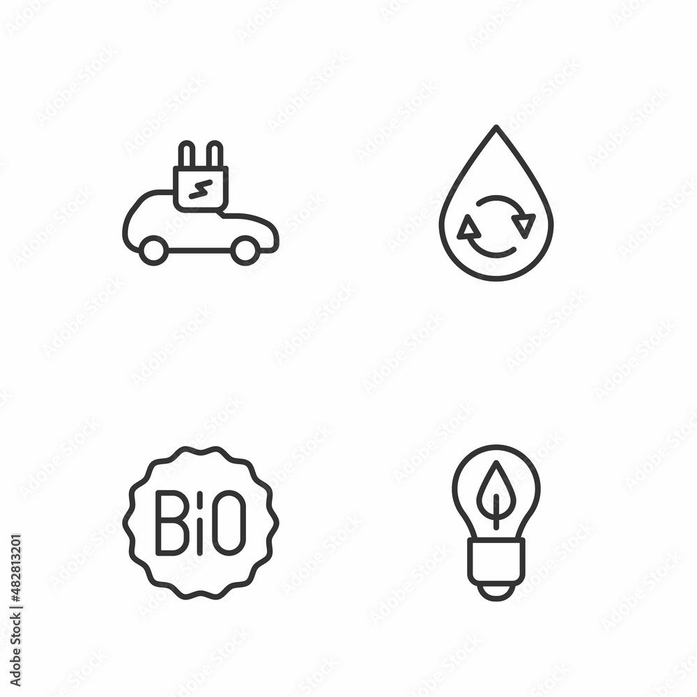 Set line Light bulb with leaf, Banner for bio, Electric car and Recycle clean aqua icon. Vector Set line Light bulb with leaf, Banner for bio, Electric car and Recycle clean aqua icon. Vector