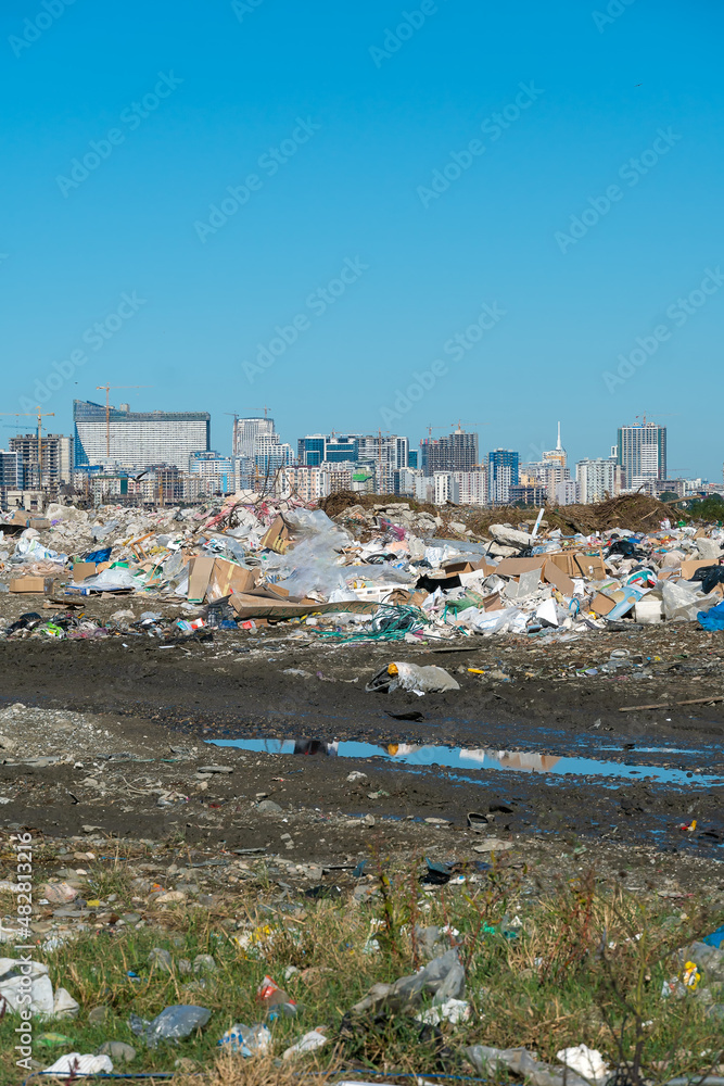 City dump against the background of a modern city on a summer day. Dump in the city. Concept of ecology, nature protection. Vertical photo