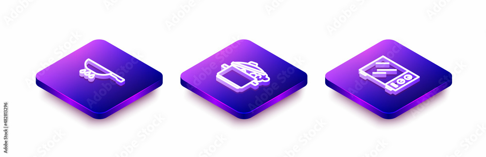 Set Isometric line Frying pan on fire, Cooking pot and Microwave oven icon. Vector Set Isometric line Frying pan on fire, Cooking pot and Microwave oven icon. Vector