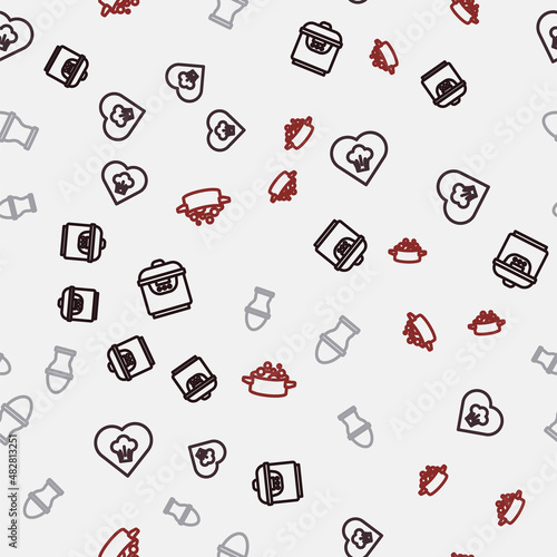 Set line Slow cooker, Chef hat, Chicken egg on stand and Cooking pot on seamless pattern. Vector