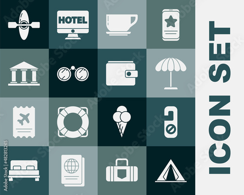 Set Tourist tent, Please do not disturb, Sun protective umbrella for beach, Coffee cup, Binoculars, Museum building, Kayak canoe and Wallet icon. Vector
