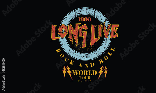 Rock and roll graphic print design for t shirt, poster, background and sticker. Rock world tour vintage vector artwork. photo