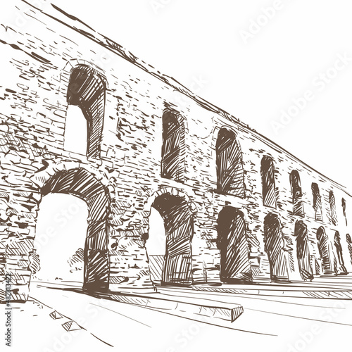 Aqueduct of Valens. Turkey. Hand drawn. Vector illustration