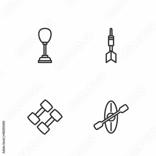 Set line Kayak and paddle, Dumbbell, Punching bag and Dart arrow icon. Vector