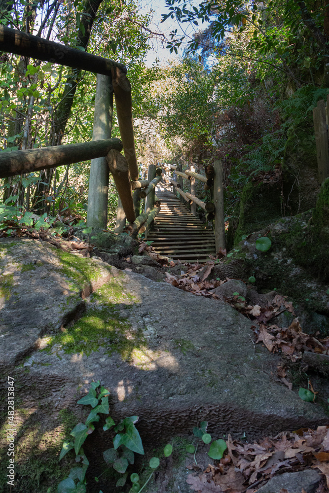 Access trail with handrails to access the Filveda waterfall, also known as the Frágua da Pena waterfall, Freguesia de Silvada, Sever do Vouga, district of Aveiro. Portugal