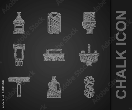Set Brush for cleaning, Bottle agent, Sponge, Washbasin with water tap, Rubber cleaner, Tube of toothpaste, Toilet bowl and Mouthwash bottle icon. Vector
