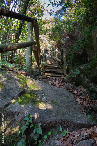 Access trail with handrails to access the Filveda waterfall  also known as the Fr  gua da Pena waterfall  Freguesia de Silvada  Sever do Vouga  district of Aveiro. Portugal