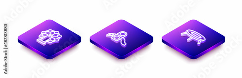 Set Isometric line Ferris wheel, Slide playground and Jumping trampoline icon. Vector
