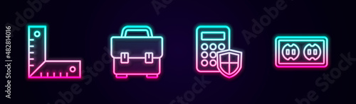 Set line Corner ruler, Toolbox, Security keypad access panel and Electrical outlet. Glowing neon icon. Vector