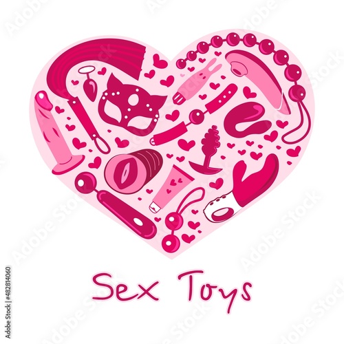 Cute set of sex toys, vibrators, anal beads, phallus, butt plugs, vagina, erotic arousal for adult men and women. Modern flat image.