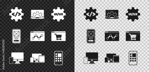 Set Front end development, Web, UI or UX design, Monitor and mobile, Monitor, mobile, tablet, Mobile Apps, and Website statistic icon. Vector