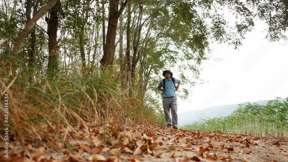 Man hiking in the mountain on vacation summer season, Holiday and outdoor activity concept