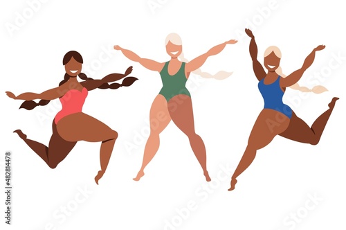 Girls in swimsuits. Happy girls. Body positive. Love your body. Different ethnicity and skin colour women characters. Ladies smiling and dancing. Flat illustration isolated on white background 