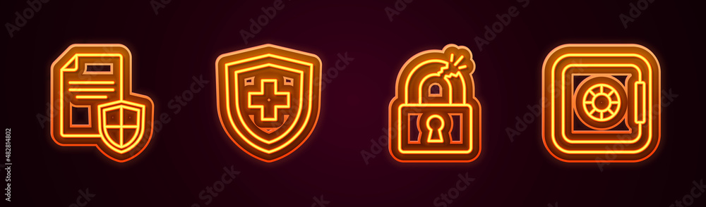 Set line Contract with shield, Life insurance, Broken or cracked lock and Safe. Glowing neon icon. Vector Set line Contract with shield, Life insurance, Broken or cracked lock and Safe. Glowing neon icon. Vector