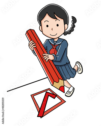 赤色の鉛筆でチェックする女子学生
