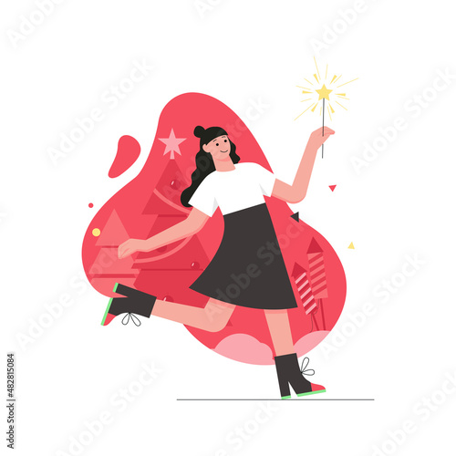 Christmas and winter activity modern flat concept. Happy woman holding sparklers and having fun at festive party. Holiday celebration. Vector illustration with people scene for web banner design