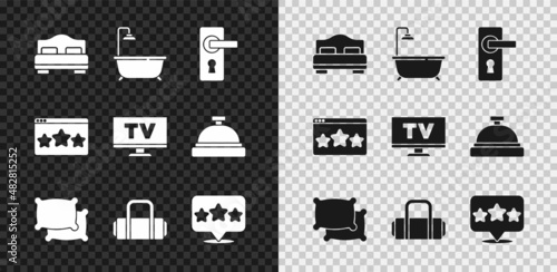 Set Hotel room bed, Bathtub with shower, Door handle, Pillow, Suitcase, Five stars rating review, and Smart Tv icon. Vector