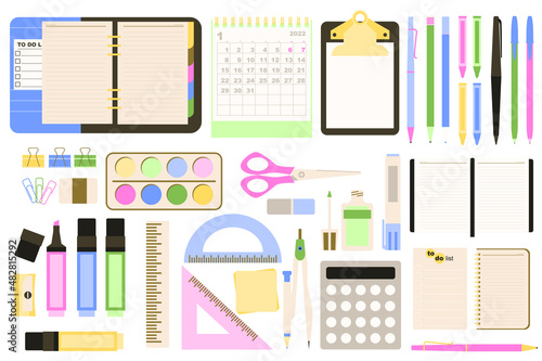 Stationery concept collection in flat cartoon design. Notebook, calendar, tablet, pen, pencil, paper, clip, paints, scissors, markers and other office supply set isolated elements. Vector illustration