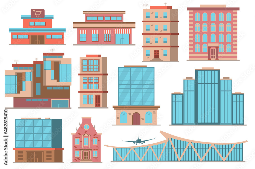 City buildings concept collection in flat cartoon design. Different types of private or public buildings in modern architecture style. Real estate cityscape set isolated elements. Vector illustration