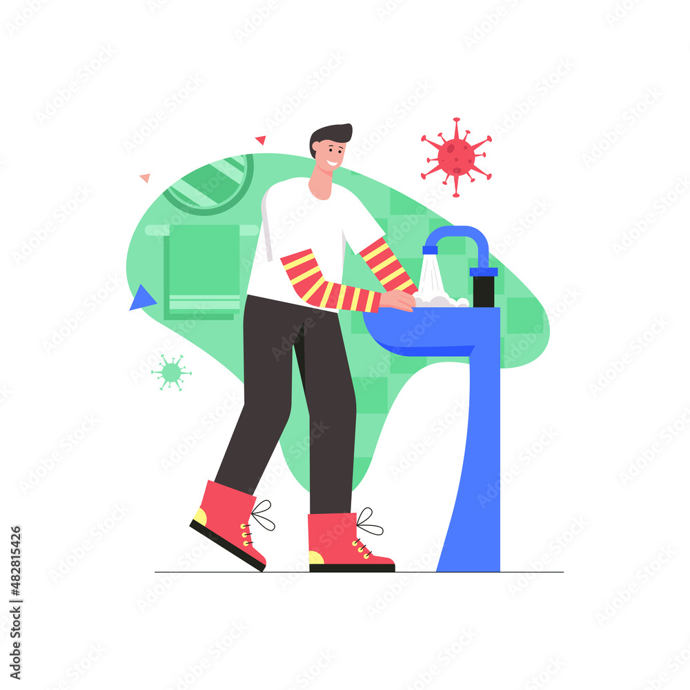 Coronavirus infection disease modern flat concept. Man washes his hands with soap in sink. Precautions and ways to stop spread of virus. Vector illustration with people scene for web banner design