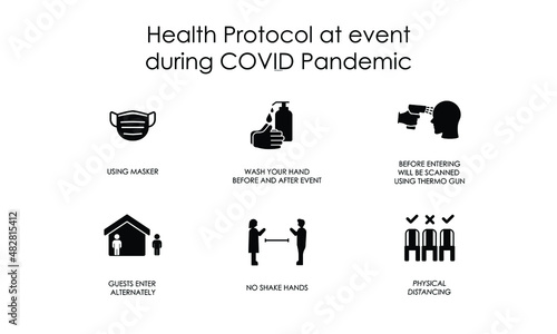 Health protocol at the event during Covid pandemic vector black editable