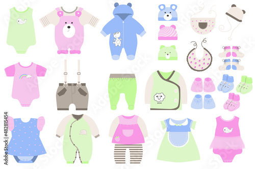 Cute baby clothes and shoes set in flat cartoon design. Childrens wardrobe for infant boy and girl. Bodysuits, dresses, rompers, shirts, pants, hats and others isolated elements. Vector illustration