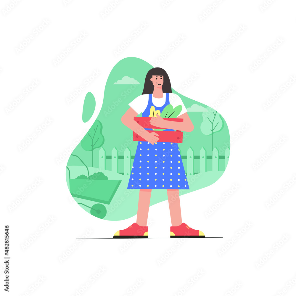 Garden work and growing plants modern flat concept. Young girl holding box with vegetables. Agriculture, harvesting and crop production. Vector illustration with people scene for web banner design Garden work and growing plants modern flat concept. Young girl holding box with vegetables. Agriculture, harvesting and crop production. Vector illustration with people scene for web banner design