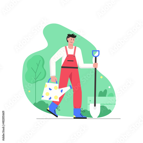 Garden work and growing plants modern flat concept. Man farmer holding shovel and watering can. Agricultural care and crop production. Vector illustration with people scene for web banner design