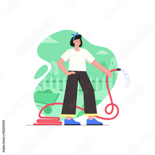 Garden work and growing plants modern flat concept. Farmer woman with long hose watering plants. Agricultural care and crop production. Vector illustration with people scene for web banner design