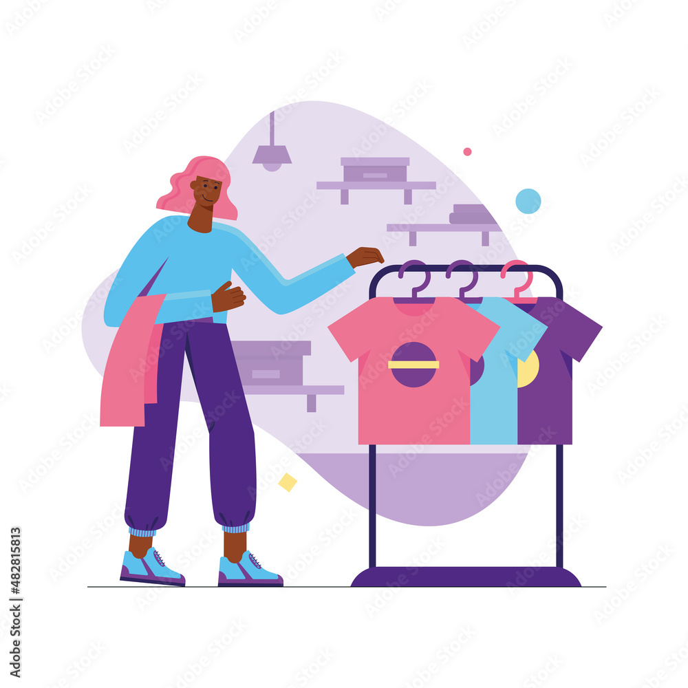 Customer shopping at store modern flat concept. Happy woman chooses clothes in modern showroom of shop. Buyer makes purchases at boutique. Vector illustration with people scene for web banner design